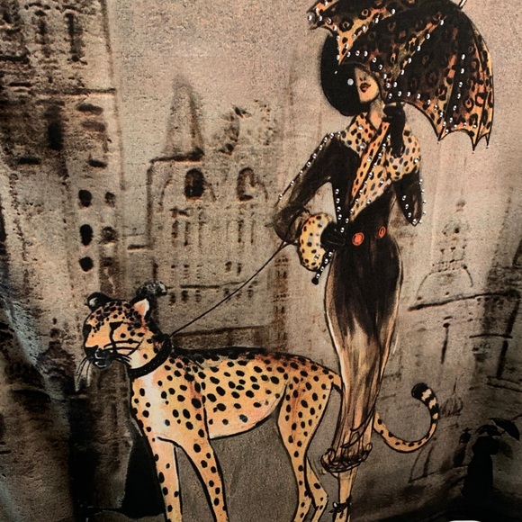 Valentina Artsy Poly Leopard and Lady & Umbrella with Rhinestones Vintage Size L - Picture 3 of 10